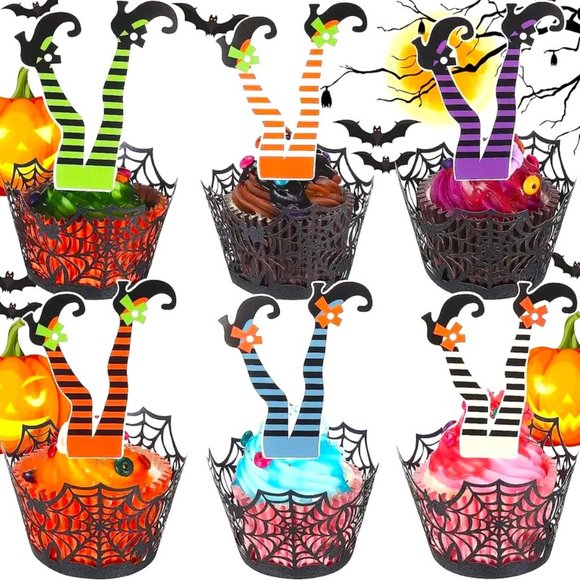 Halloween CupCake Toppers Witch Legs Cake Party Decoration Funny Whimsical NEW - Picture 1 of 5